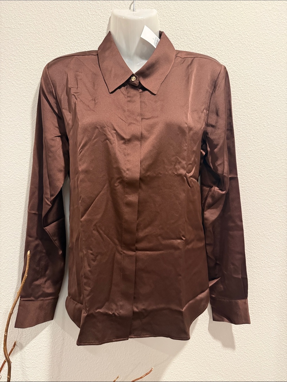 Ann Taylor Satin-Feel Brown Button-Front Blouse